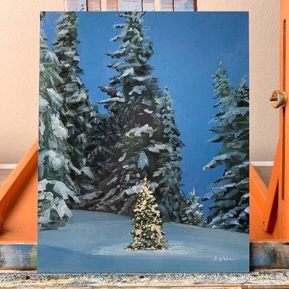 Original Oil Painting Landscape Christmas Lights Snowy Winter Forest 8x10 Signed - Picture 2 of 6